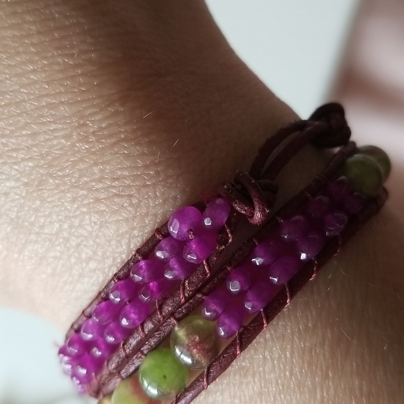 Handmade Purple and Green Beaded Wrap Bracelet - Picture 4 of 6
